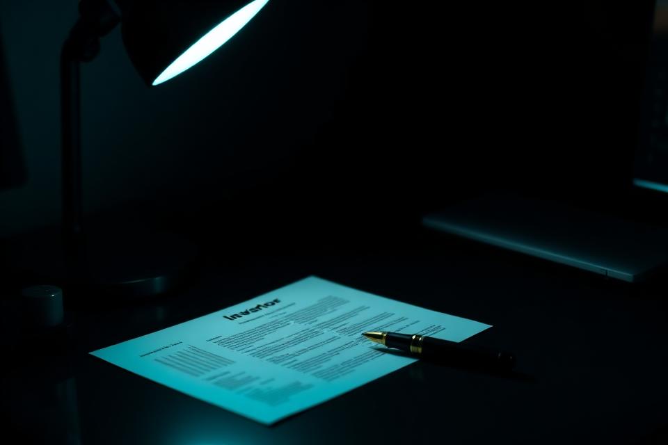 Investor document and fountain pen lit by a single desk lamp
