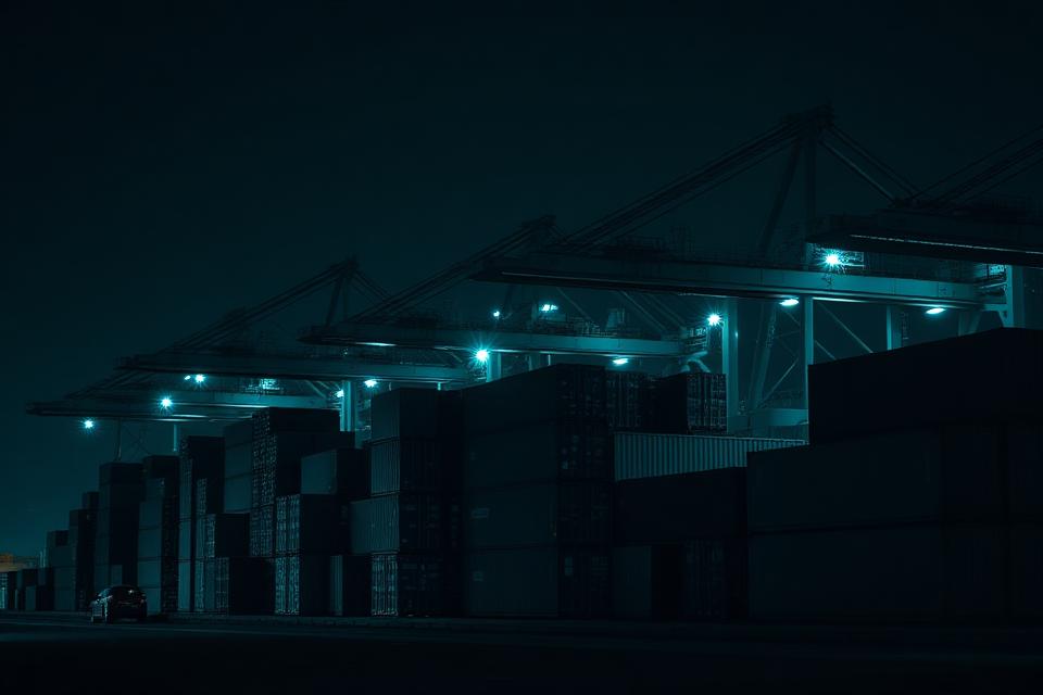 Container terminal cranes at night, representing commerce infrastructure