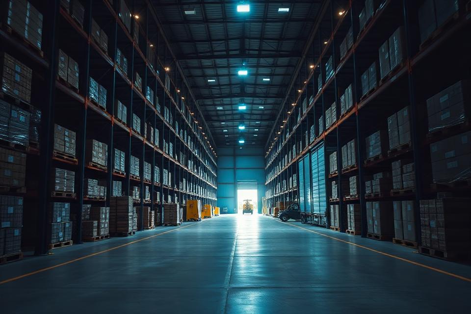 Warehouse aisle with pallets and a loading bay, representing procurement and sourcing
